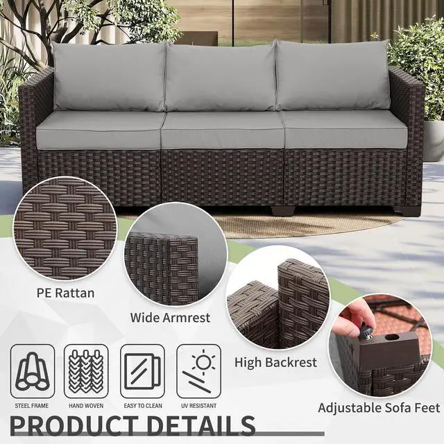 Alt view image 4 of 7 - WAROOM Patio Couch PE Rattan 3-Seat Outdoor Sofa Brown Wicker Furniture Set Deep Seating with Anti-Slip Grey Cushion