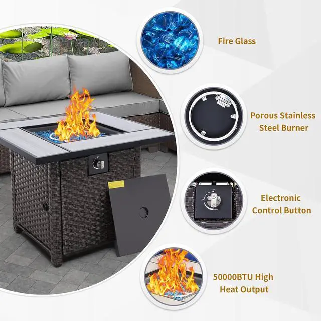 Alt view image 3 of 7 - Outdoor Propane Fire Pit, 30 Inch PE Wicker Patio Firepit Table with Fire Glass for Outside Parties and Gatherings on Garden Backyard Porch