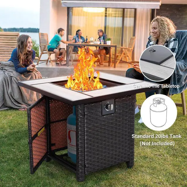 Alt view image 4 of 7 - Outdoor Propane Fire Pit, 30 Inch PE Wicker Patio Firepit Table with Fire Glass for Outside Parties and Gatherings on Garden Backyard Porch
