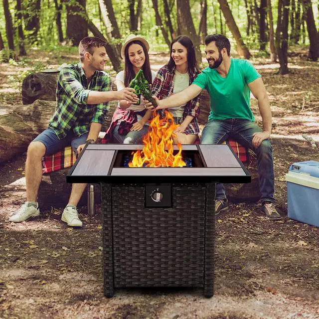 Alt view image 5 of 7 - Outdoor Propane Fire Pit, 30 Inch PE Wicker Patio Firepit Table with Fire Glass for Outside Parties and Gatherings on Garden Backyard Porch