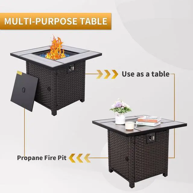Alt view image 6 of 7 - Outdoor Propane Fire Pit, 30 Inch PE Wicker Patio Firepit Table with Fire Glass for Outside Parties and Gatherings on Garden Backyard Porch