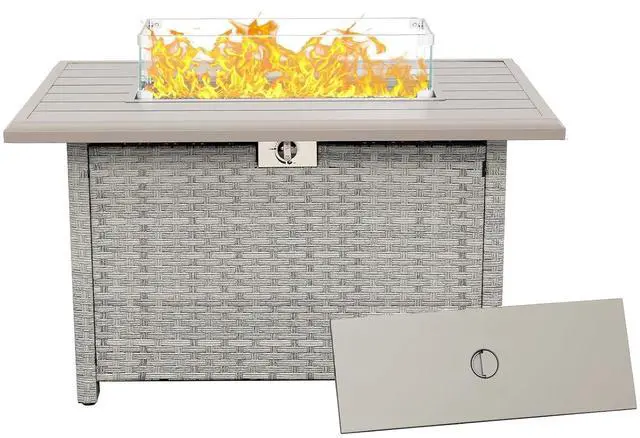 Main image of Outdoor Propane Fire Pit, 43 Inch PE Wicker Patio Firepit Table with Fire Glass and Wind Guard for Outside Parties and Gatherings on Garden Backyard Porch