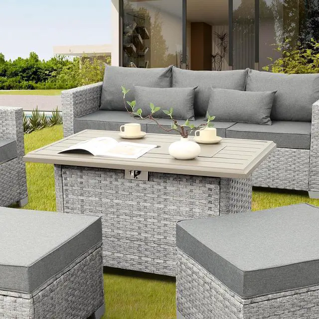 Alt view image 3 of 7 - Outdoor Propane Fire Pit, 43 Inch PE Wicker Patio Firepit Table with Fire Glass and Wind Guard for Outside Parties and Gatherings on Garden Backyard Porch