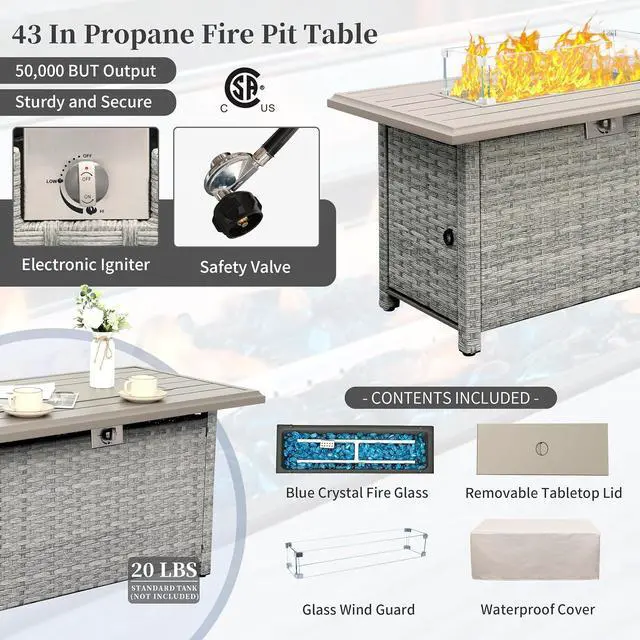 Alt view image 4 of 7 - Outdoor Propane Fire Pit, 43 Inch PE Wicker Patio Firepit Table with Fire Glass and Wind Guard for Outside Parties and Gatherings on Garden Backyard Porch