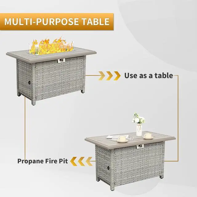 Alt view image 5 of 7 - Outdoor Propane Fire Pit, 43 Inch PE Wicker Patio Firepit Table with Fire Glass and Wind Guard for Outside Parties and Gatherings on Garden Backyard Porch