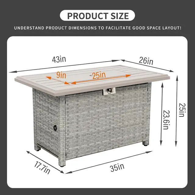Alt view image 6 of 7 - Outdoor Propane Fire Pit, 43 Inch PE Wicker Patio Firepit Table with Fire Glass and Wind Guard for Outside Parties and Gatherings on Garden Backyard Porch