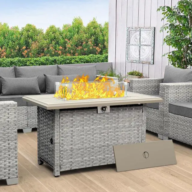 Alt view image 2 of 7 - Outdoor Propane Fire Pit, 43 Inch PE Wicker Patio Firepit Table with Fire Glass and Wind Guard for Outside Parties and Gatherings on Garden Backyard Porch