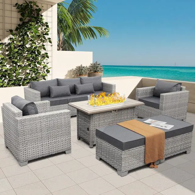 Alt view image 7 of 7 - Outdoor Propane Fire Pit, 43 Inch PE Wicker Patio Firepit Table with Fire Glass and Wind Guard for Outside Parties and Gatherings on Garden Backyard Porch