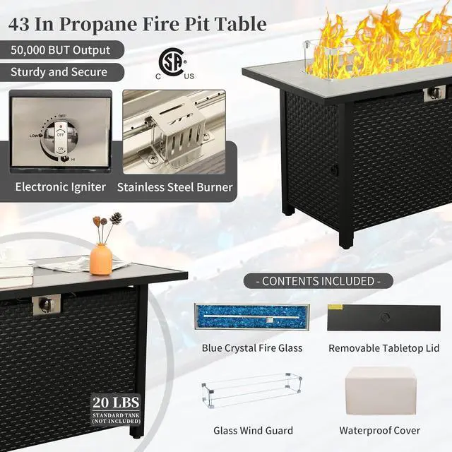 Alt view image 3 of 7 - Outdoor Propane Fire Pit, 45 Inch Patio Firepit Table with Fire Glass and Wind Guard for Outside Parties and Gatherings on Garden Backyard Porch