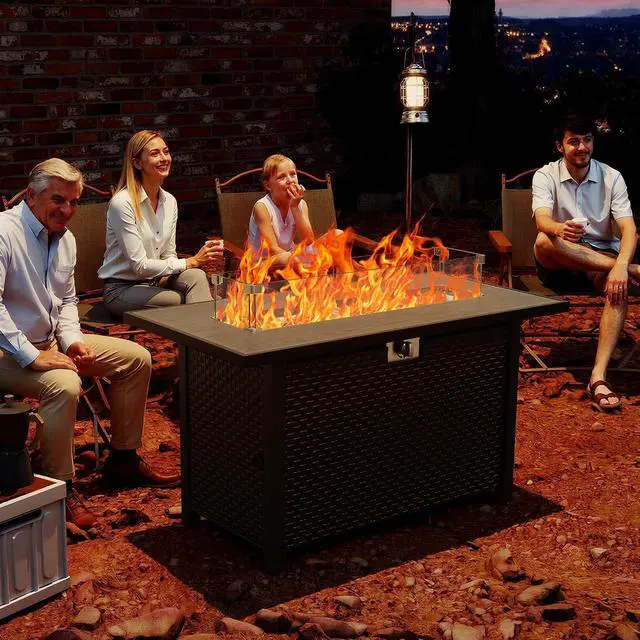 Alt view image 4 of 7 - Outdoor Propane Fire Pit, 45 Inch Patio Firepit Table with Fire Glass and Wind Guard for Outside Parties and Gatherings on Garden Backyard Porch