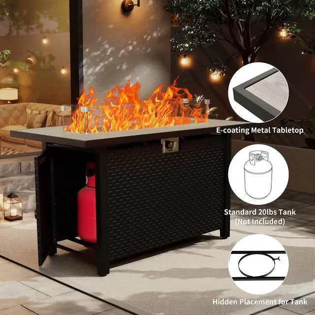 Alt view image 5 of 7 - Outdoor Propane Fire Pit, 45 Inch Patio Firepit Table with Fire Glass and Wind Guard for Outside Parties and Gatherings on Garden Backyard Porch