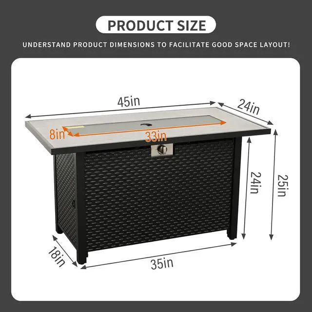 Alt view image 2 of 7 - Outdoor Propane Fire Pit, 45 Inch Patio Firepit Table with Fire Glass and Wind Guard for Outside Parties and Gatherings on Garden Backyard Porch