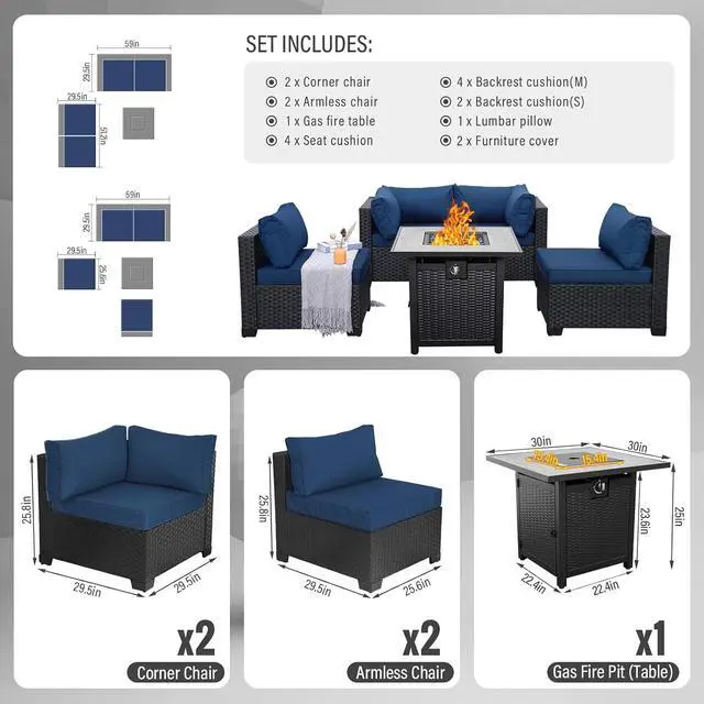 Alt view image 2 of 7 - WAROOM Outdoor 5 Piece Patio Furniture Set, Black Rattan Conversation Couch Resin Wicker Sectional Sofa Outside Chair with Propane Fire Pit Table, Navy Blue Cushion