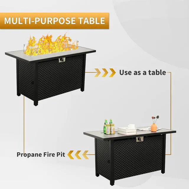 Alt view image 6 of 7 - Outdoor Propane Fire Pit, 45 Inch Patio Firepit Table with Fire Glass and Wind Guard for Outside Parties and Gatherings on Garden Backyard Porch