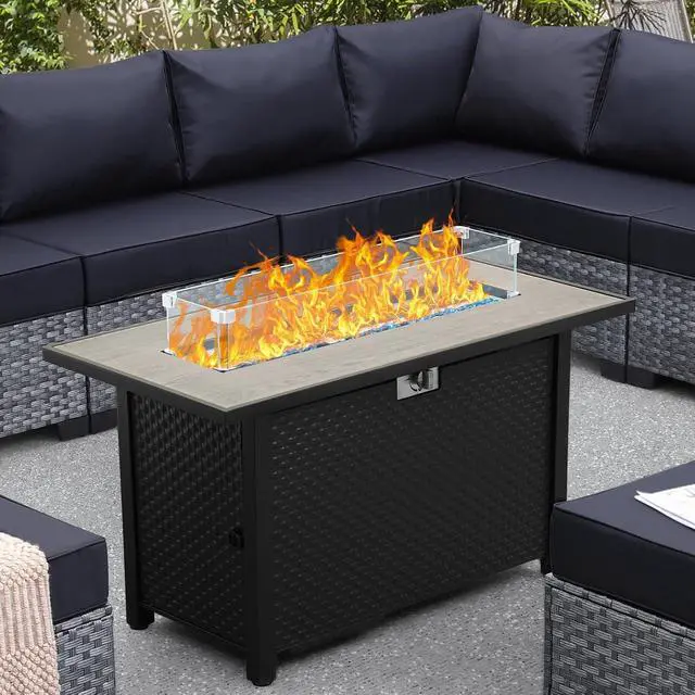 Alt view image 7 of 7 - Outdoor Propane Fire Pit, 45 Inch Patio Firepit Table with Fire Glass and Wind Guard for Outside Parties and Gatherings on Garden Backyard Porch