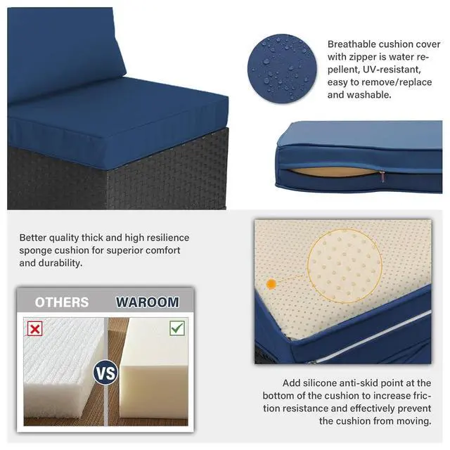 Alt view image 5 of 7 - WAROOM Outdoor 5 Piece Patio Furniture Set, Black Rattan Conversation Couch Resin Wicker Sectional Sofa Outside Chair with Propane Fire Pit Table, Navy Blue Cushion