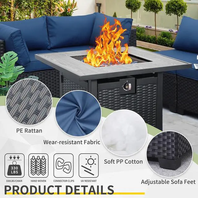 Alt view image 3 of 7 - WAROOM Outdoor 5 Piece Patio Furniture Set, Black Rattan Conversation Couch Resin Wicker Sectional Sofa Outside Chair with Propane Fire Pit Table, Navy Blue Cushion