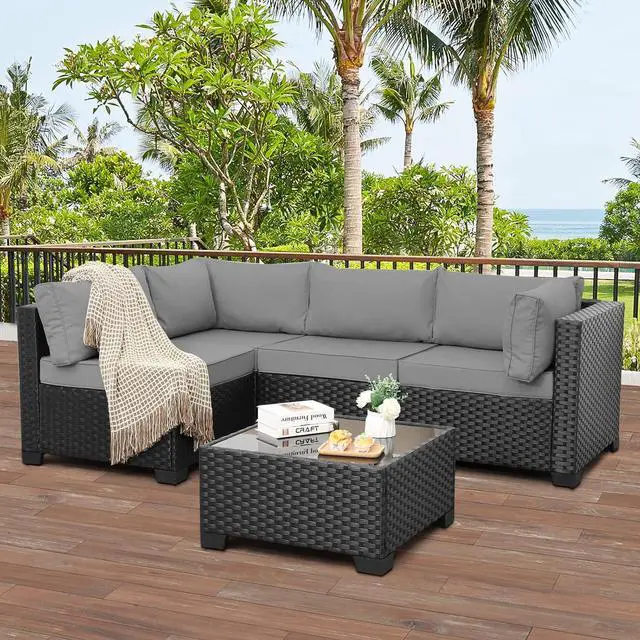 Main image of WAROOM Outdoor 5 Piece Patio Furniture Set, Black Rattan Conversation Couch Resin Wicker Sectional Sofa Outside Chair with Coffee Table, Grey Cushion