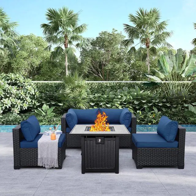 Alt view image 7 of 7 - WAROOM Outdoor 5 Piece Patio Furniture Set, Black Rattan Conversation Couch Resin Wicker Sectional Sofa Outside Chair with Propane Fire Pit Table, Navy Blue Cushion