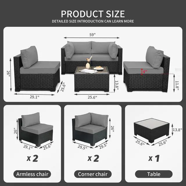 Alt view image 3 of 7 - WAROOM Outdoor 5 Piece Patio Furniture Set, Black Rattan Conversation Couch Resin Wicker Sectional Sofa Outside Chair with Coffee Table, Grey Cushion