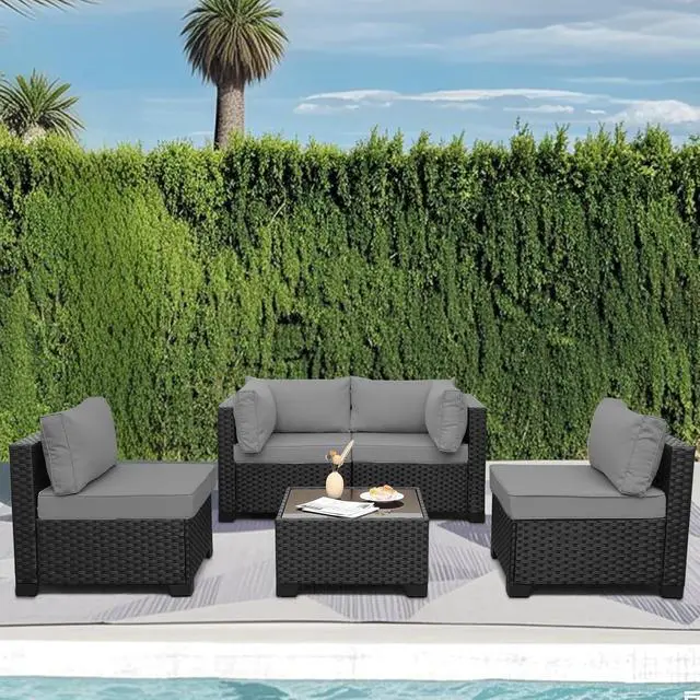 Alt view image 2 of 7 - WAROOM Outdoor 5 Piece Patio Furniture Set, Black Rattan Conversation Couch Resin Wicker Sectional Sofa Outside Chair with Coffee Table, Grey Cushion