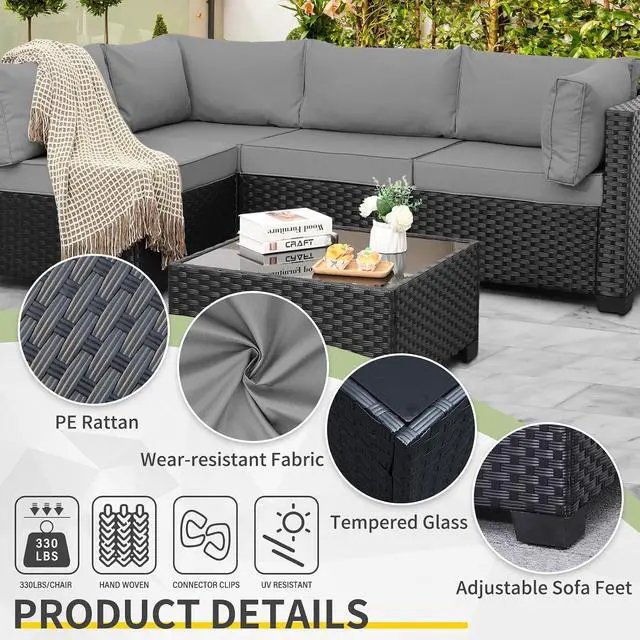 Alt view image 4 of 7 - WAROOM Outdoor 5 Piece Patio Furniture Set, Black Rattan Conversation Couch Resin Wicker Sectional Sofa Outside Chair with Coffee Table, Grey Cushion