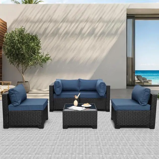 Alt view image 2 of 7 - WAROOM Outdoor 5 Piece Patio Furniture Set, Black Rattan Conversation Couch Resin Wicker Sectional Sofa Outside Chair with Coffee Table, Navy Blue Cushion