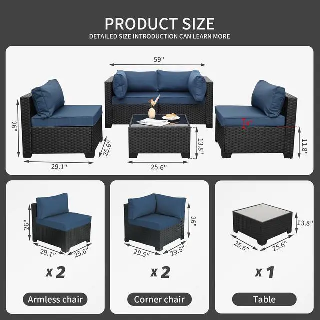 Alt view image 3 of 7 - WAROOM Outdoor 5 Piece Patio Furniture Set, Black Rattan Conversation Couch Resin Wicker Sectional Sofa Outside Chair with Coffee Table, Navy Blue Cushion