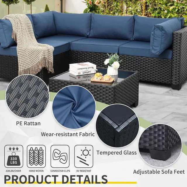 Alt view image 4 of 7 - WAROOM Outdoor 5 Piece Patio Furniture Set, Black Rattan Conversation Couch Resin Wicker Sectional Sofa Outside Chair with Coffee Table, Navy Blue Cushion