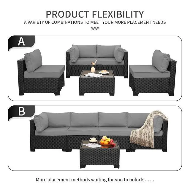 Alt view image 7 of 7 - WAROOM Outdoor 5 Piece Patio Furniture Set, Black Rattan Conversation Couch Resin Wicker Sectional Sofa Outside Chair with Coffee Table, Grey Cushion