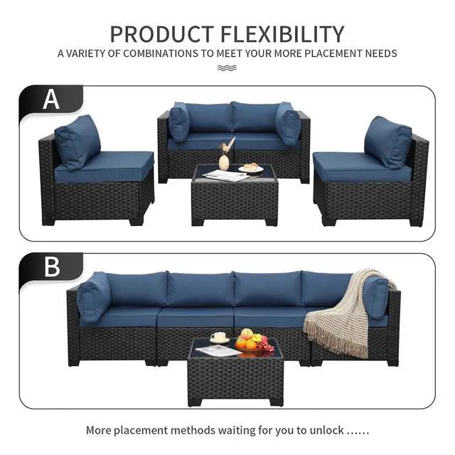 Alt view image 7 of 7 - WAROOM Outdoor 5 Piece Patio Furniture Set, Black Rattan Conversation Couch Resin Wicker Sectional Sofa Outside Chair with Coffee Table, Navy Blue Cushion