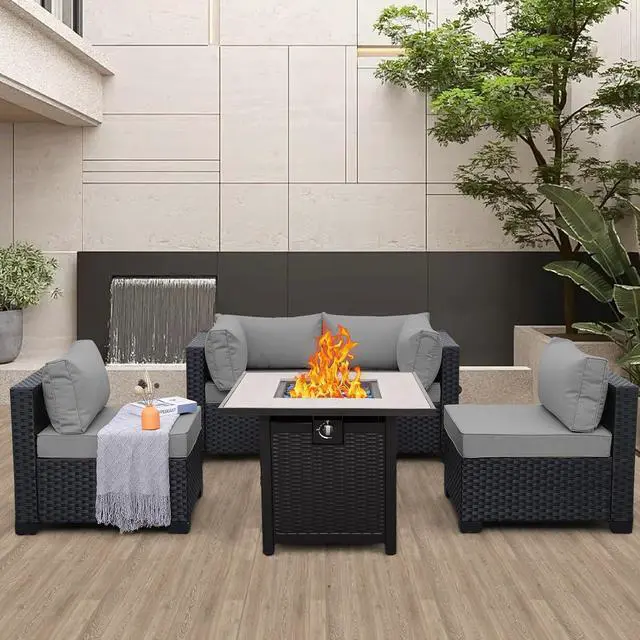 Alt view image 2 of 7 - WAROOM Outdoor 5 Piece Patio Furniture Set, Black Rattan Conversation Couch Resin Wicker Sectional Sofa Outside Chair with Propane Fire Pit Table, Grey Cushion