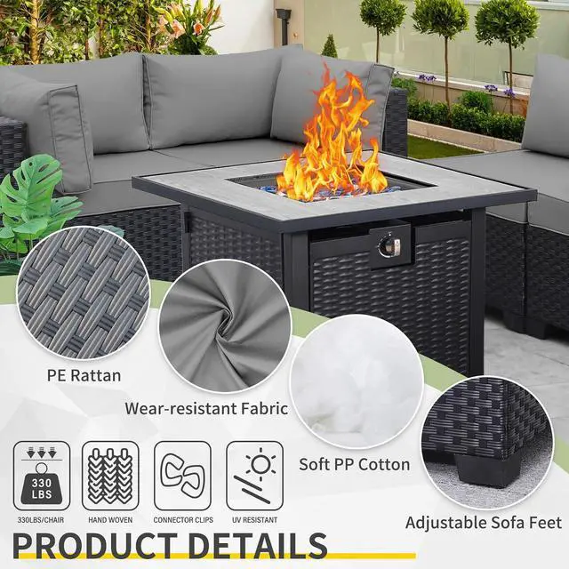 Alt view image 4 of 7 - WAROOM Outdoor 5 Piece Patio Furniture Set, Black Rattan Conversation Couch Resin Wicker Sectional Sofa Outside Chair with Propane Fire Pit Table, Grey Cushion