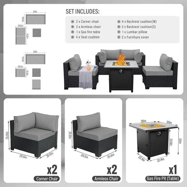 Alt view image 3 of 7 - WAROOM Outdoor 5 Piece Patio Furniture Set, Black Rattan Conversation Couch Resin Wicker Sectional Sofa Outside Chair with Propane Fire Pit Table, Grey Cushion