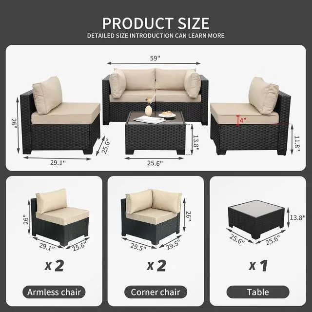 Alt view image 3 of 7 - WAROOM Outdoor 5 Piece Patio Furniture Set, Black Rattan Conversation Couch Resin Wicker Sectional Sofa Outside Chair with Coffee Table, Khaki Cushion