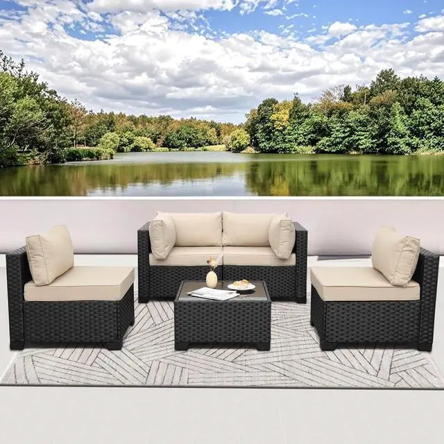 Alt view image 2 of 7 - WAROOM Outdoor 5 Piece Patio Furniture Set, Black Rattan Conversation Couch Resin Wicker Sectional Sofa Outside Chair with Coffee Table, Khaki Cushion