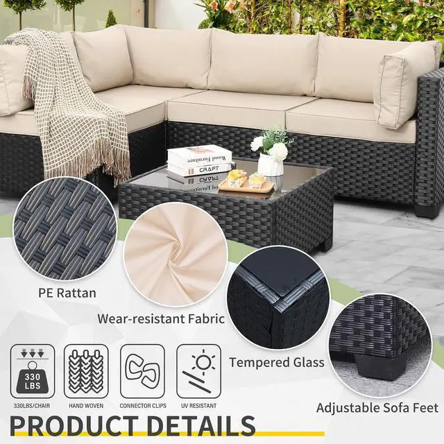 Alt view image 4 of 7 - WAROOM Outdoor 5 Piece Patio Furniture Set, Black Rattan Conversation Couch Resin Wicker Sectional Sofa Outside Chair with Coffee Table, Khaki Cushion