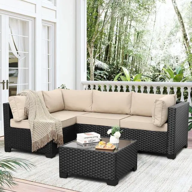 Main image of WAROOM Outdoor 5 Piece Patio Furniture Set, Black Rattan Conversation Couch Resin Wicker Sectional Sofa Outside Chair with Coffee Table, Khaki Cushion