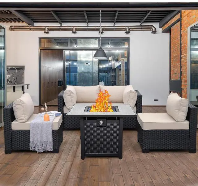Alt view image 2 of 7 - WAROOM Outdoor 5 Piece Patio Furniture Set, Black Rattan Conversation Couch Resin Wicker Sectional Sofa Outside Chair with Propane Fire Pit Table, Khaki Cushion