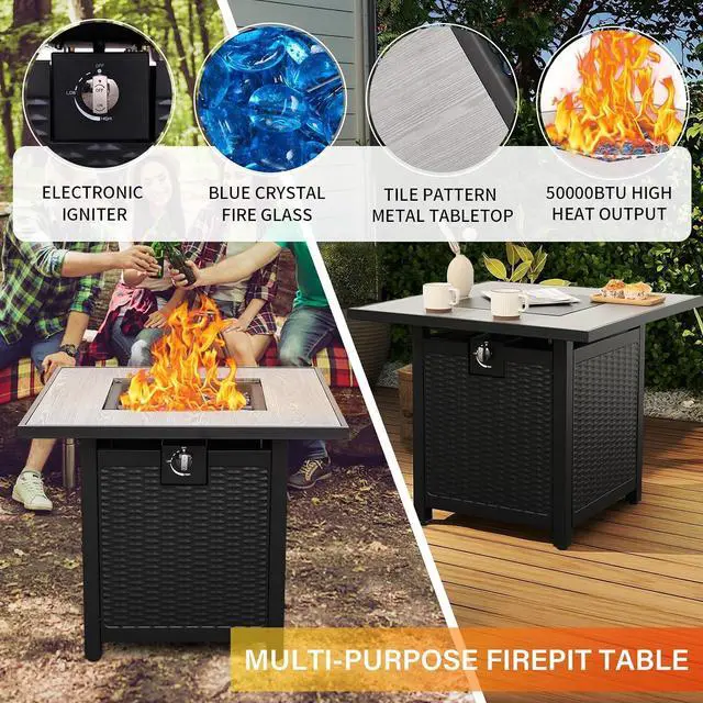 Alt view image 4 of 7 - WAROOM Outdoor 5 Piece Patio Furniture Set, Black Rattan Conversation Couch Resin Wicker Sectional Sofa Outside Chair with Propane Fire Pit Table, Navy Blue Cushion