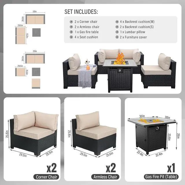 Alt view image 3 of 7 - WAROOM Outdoor 5 Piece Patio Furniture Set, Black Rattan Conversation Couch Resin Wicker Sectional Sofa Outside Chair with Propane Fire Pit Table, Khaki Cushion