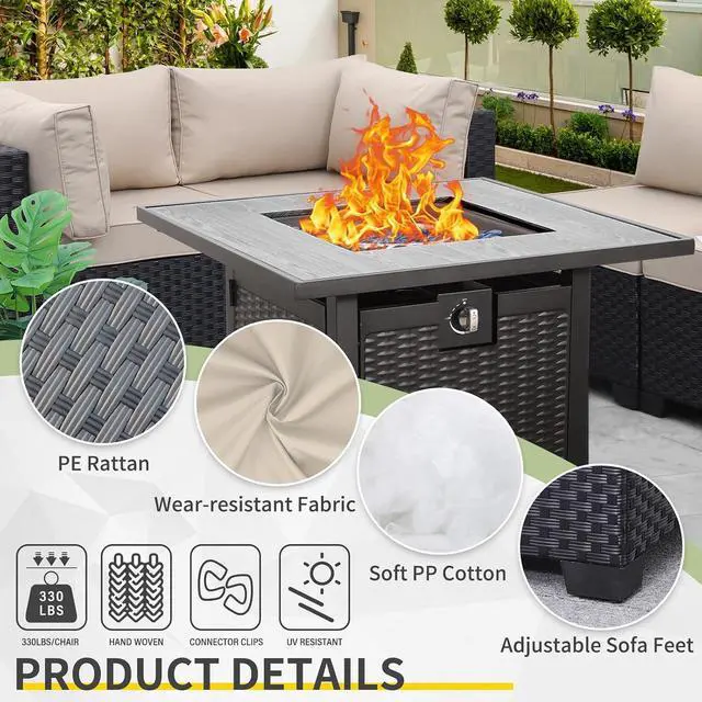 Alt view image 4 of 7 - WAROOM Outdoor 5 Piece Patio Furniture Set, Black Rattan Conversation Couch Resin Wicker Sectional Sofa Outside Chair with Propane Fire Pit Table, Khaki Cushion