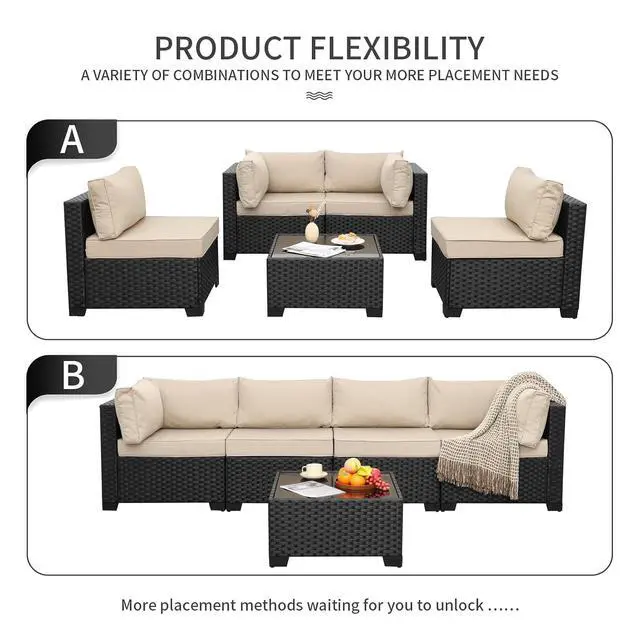 Alt view image 7 of 7 - WAROOM Outdoor 5 Piece Patio Furniture Set, Black Rattan Conversation Couch Resin Wicker Sectional Sofa Outside Chair with Coffee Table, Khaki Cushion