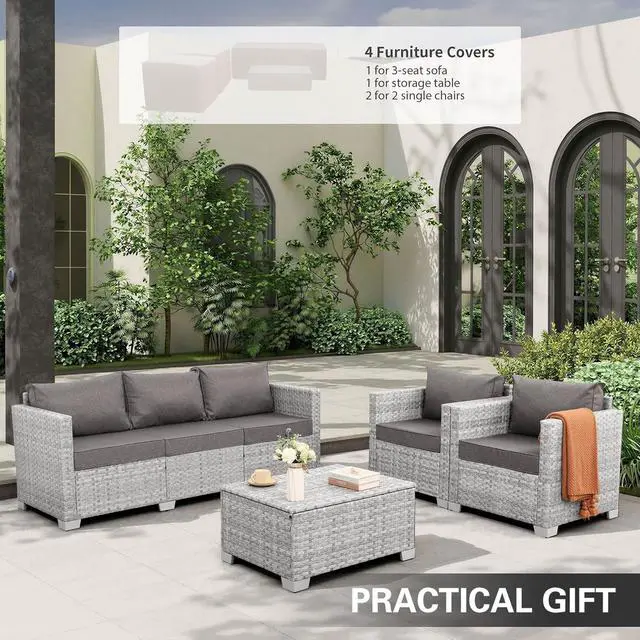 Alt view image 2 of 7 - WAROOM Patio Furniture Set 4 Piece Outdoor Wicker Conversation Sets PE Rattan Couch Sectional Sofa with Storage Table, Grey Cushion