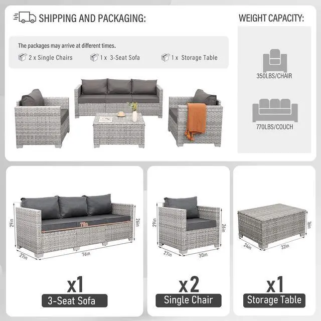 Alt view image 3 of 7 - WAROOM Patio Furniture Set 4 Piece Outdoor Wicker Conversation Sets PE Rattan Couch Sectional Sofa with Storage Table, Grey Cushion