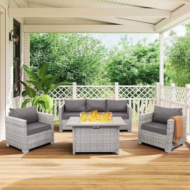 Main image of WAROOM Patio Furniture Set 4 Piece Outdoor Wicker Conversation Sets PE Rattan Couch Sectional Sofa with Fire Pit Table, Grey Cushion