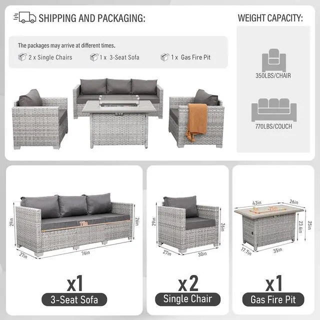 Alt view image 3 of 7 - WAROOM Patio Furniture Set 4 Piece Outdoor Wicker Conversation Sets PE Rattan Couch Sectional Sofa with Fire Pit Table, Grey Cushion
