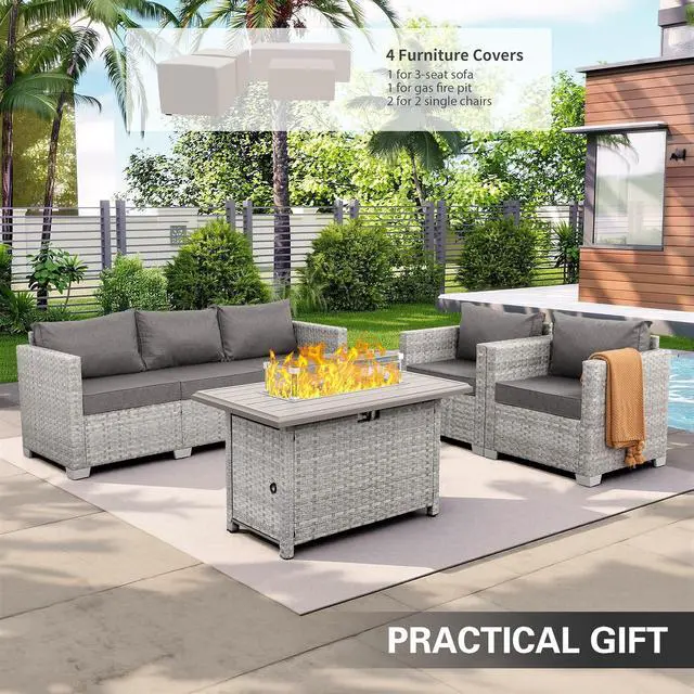 Alt view image 2 of 7 - WAROOM Patio Furniture Set 4 Piece Outdoor Wicker Conversation Sets PE Rattan Couch Sectional Sofa with Fire Pit Table, Grey Cushion