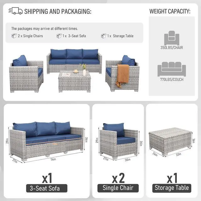Alt view image 3 of 7 - WAROOM Patio Furniture Set 4 Piece Outdoor Wicker Conversation Sets PE Rattan Couch Sectional Sofa with Storage Table, Navy Blue Cushion