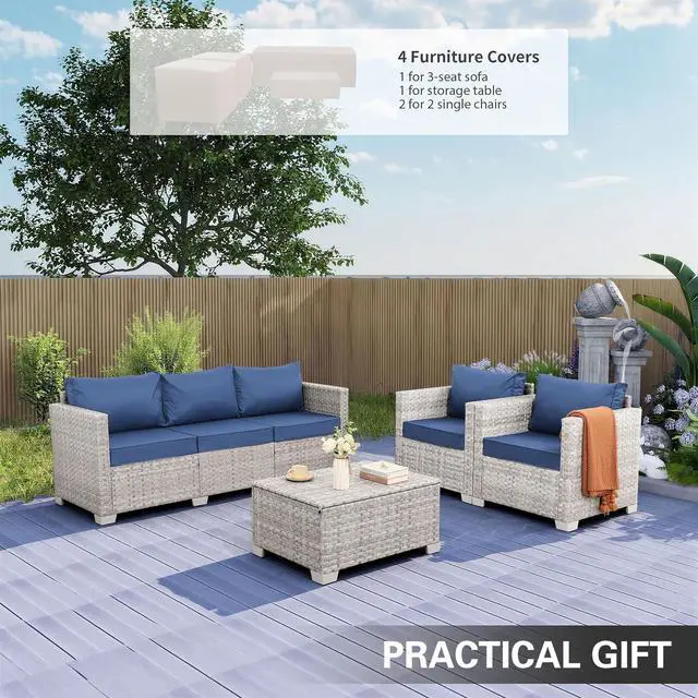 Alt view image 2 of 7 - WAROOM Patio Furniture Set 4 Piece Outdoor Wicker Conversation Sets PE Rattan Couch Sectional Sofa with Storage Table, Navy Blue Cushion